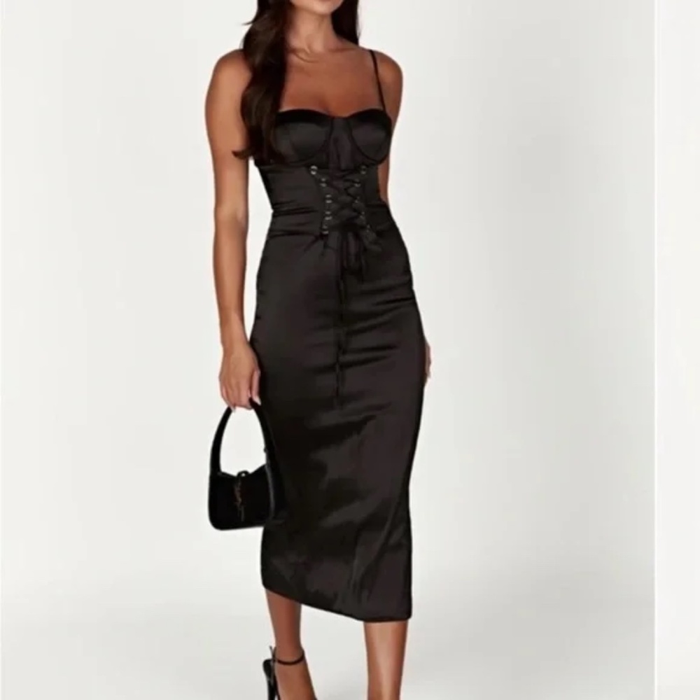 Meshki Camelia Corset Midi Dress in Black, Large